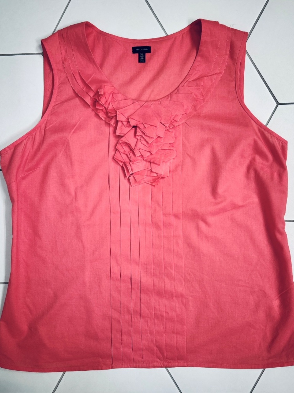 Madison Coral Sleeveless Ruffle Neck Blouse, Size XL